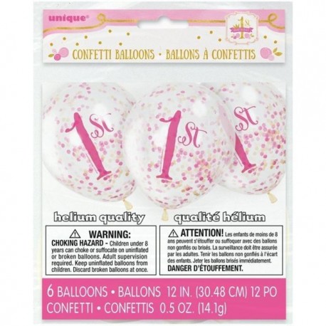 Globos transparentes con confeti rosa 1º cumpleanos 6uds