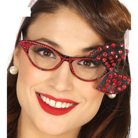 Gafas anos 50 con lazo y brillantes rojos secretaria