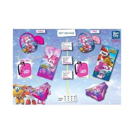 Conjunto playa super wings con mochila talla 3 anos color fucsia