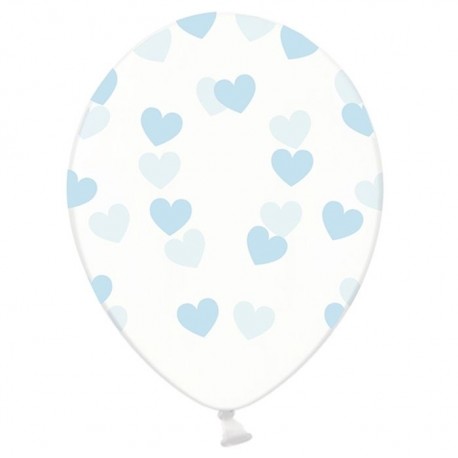 Globos transparentes con corazones azules 6 uds 30 cm