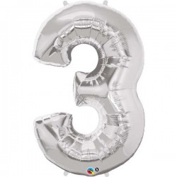 Globo numero 3 plata de foil para helio o aire 86 x 66 cm