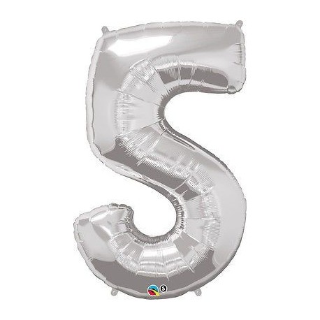 Globo numero 5 plata de foil para helio o aire 86 x 53 cm