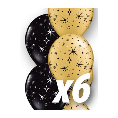 Globos negro y oro conestrellas 6 uds qualatex 30 cm