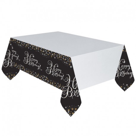 Mantel de plastico para cumpleanos blanco oro y negro 137m x 26m