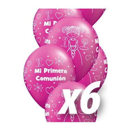 Globo de primera comunion nina magenta 6 uds 30 cm qualatex