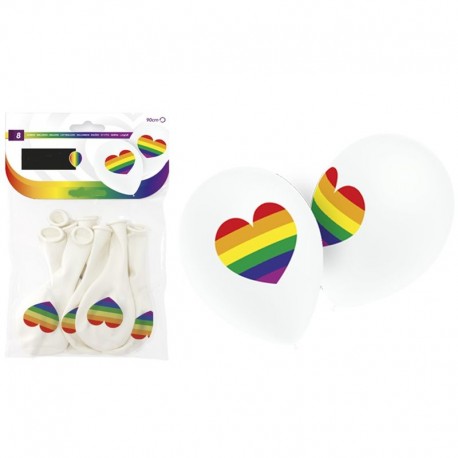 Globos blancos corazon arcoiris 8 uds 30 cm orgullo