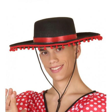 Sombrero cordobes borlas rojas adulto