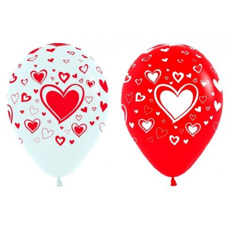 Globos blancos y rojos con corazones 12 uds 30 cm