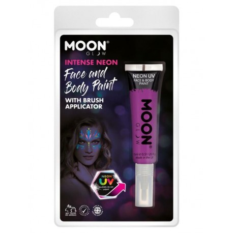 Maquillaje cara neon morado intenso brilla con luz negra UV