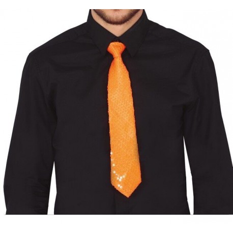 Corbata naranja neon con lentejuelas 37 cm