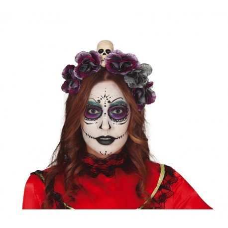 Diadema flores grises con calavera catrina halloween