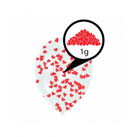 Globos latex transparentes con confeti corazones rojos 6 uds