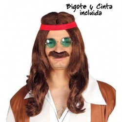 Peluca hippie con bigote y cinta castaña años 60 7